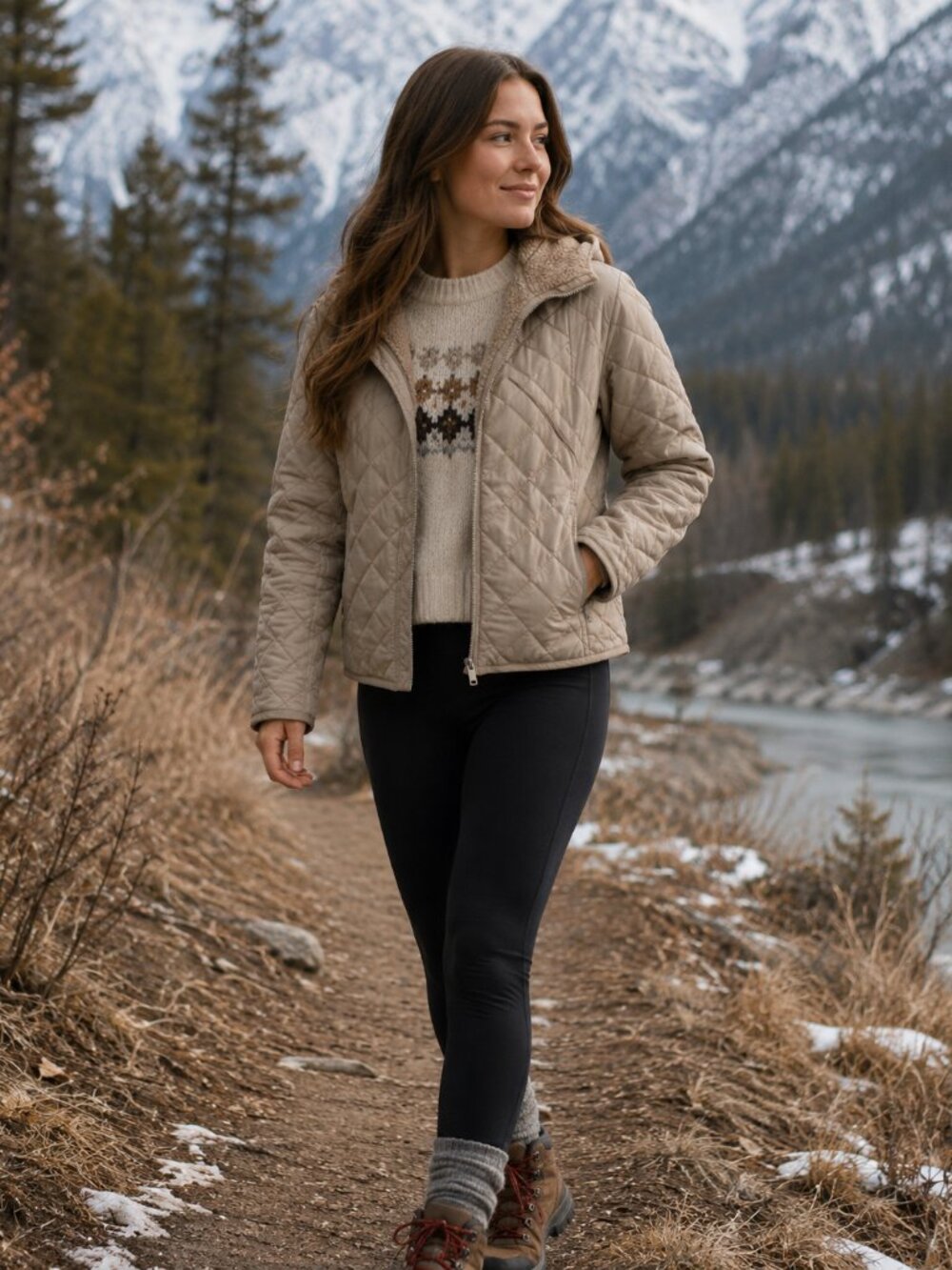 HeatKeep Tan Quilted Sherpa-Lined Hooded Puffer Jacket Women’s Medium